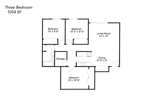 Floor plan for 3 beds, 1 bath, 1054 sqft